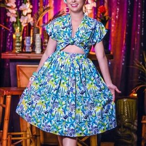 Blue and Green Tiki Print Swing Skirt